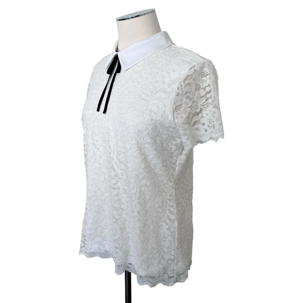 KARL LAGERFELD Peter Pan Collar Black Tie Short Sleeve Lace Top Blouse White M - Picture 7 of 17